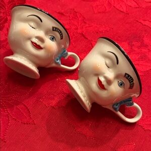 Set of 2 Vintage Baileys Winking Face Mugs - White and Blue